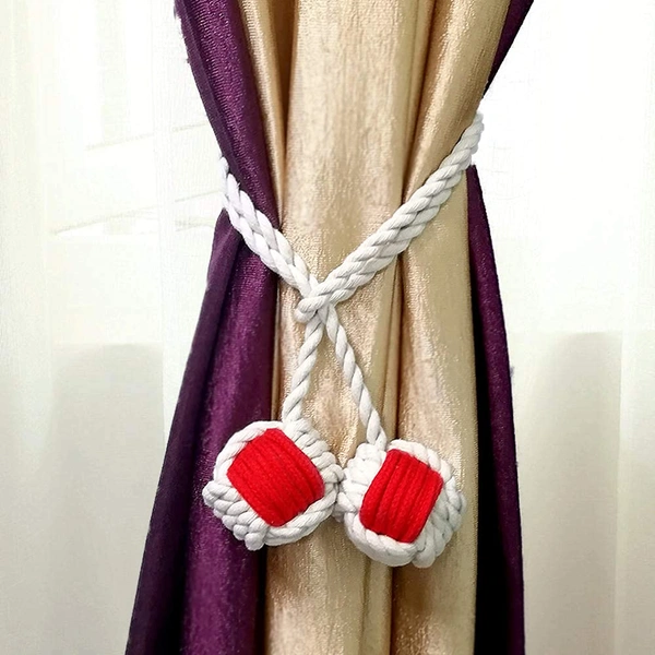 JAZLOG Curtain Tiebacks Handmade Holdbacks - Farmhouse Curtain Tie Back Holder by Hand-Woven Cotton Rope, Bohemian Home Decoration Drapery Holdback (Pack of 2 Pieces) - M, Red, 249 Gram