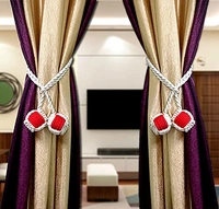 JAZLOG Curtain Tiebacks Handmade Holdbacks - Farmhouse Curtain Tie Back Holder by Hand-Woven Cotton Rope, Bohemian Home Decoration Drapery Holdback (Pack of 2 Pieces) - M, Red, 249 Gram