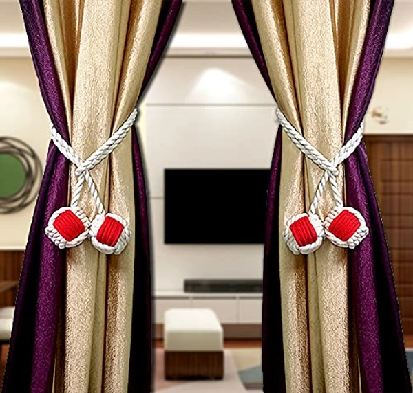 JAZLOG Curtain Tiebacks Handmade Holdbacks - Farmhouse Curtain Tie Back Holder by Hand-Woven Cotton Rope, Bohemian Home Decoration Drapery Holdback (Pack of 2 Pieces) - M, Red, 249 Gram