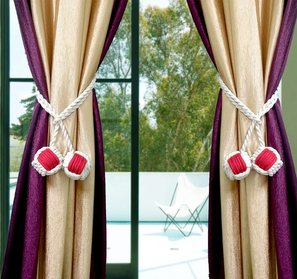 JAZLOG Curtain Tiebacks Handmade Holdbacks - Farmhouse Curtain Tie Back Holder by Hand-Woven Cotton Rope, Bohemian Home Decoration Drapery Holdback (Pack of 2 Pieces) - M, Red, 249 Gram