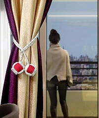 JAZLOG Curtain Tiebacks Handmade Holdbacks - Farmhouse Curtain Tie Back Holder by Hand-Woven Cotton Rope, Bohemian Home Decoration Drapery Holdback (Pack of 2 Pieces) - M, Red, 249 Gram