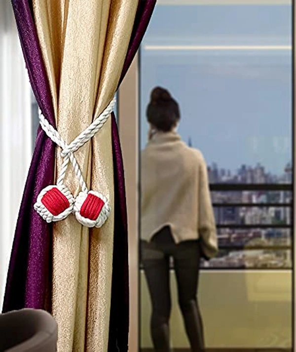 JAZLOG Curtain Tiebacks Handmade Holdbacks - Farmhouse Curtain Tie Back Holder by Hand-Woven Cotton Rope, Bohemian Home Decoration Drapery Holdback (Pack of 2 Pieces) - M, Red, 249 Gram
