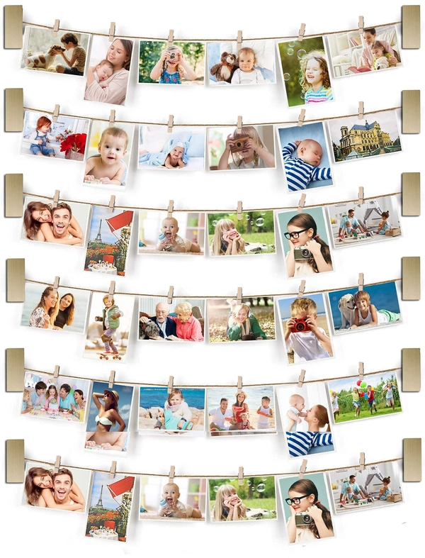 JAZLOG Collage Picture Frames Hanging Photo Display Rustic Wood Photo Frame Collage with 30 Clips Wall Art Decoration for Office Nursery Room Dorm Bedroom Carbonized - M, (Pair of 05), 249 Gram