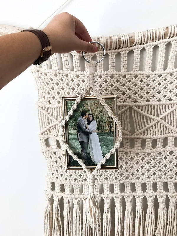 JAZLOG Hanging Photo Display Macrame Cotton Modern Sweet Picture Frame Organizer Holder Bohemian Home Decor (Pack of 02) OFF WHITE - M, Off White, 249 Gram