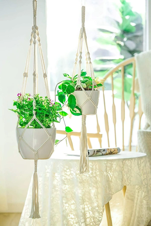JAZLOG Hanging Planter For Indoor, Living Room, Balcony, GardeningDouble Macrame Stand HangerWall Flower Basket RopeHome Decor Ceiling Wall Hanging Vertical Garden [Without Pot] 39 inch, Pack of 01 - M, Off White, 249 Gram