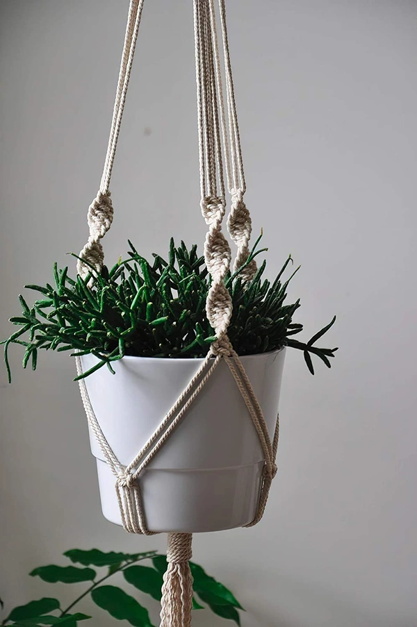 JAZLOG Hanging Planter For Indoor, Living Room, Balcony, GardeningDouble Macrame Stand HangerWall Flower Basket RopeHome Decor Ceiling Wall Hanging Vertical Garden [Without Pot] 39 inch, Pack of 01 - M, Off White, 249 Gram