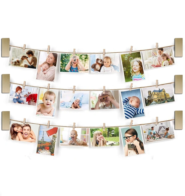 JAZLOG Collage Picture Frames Hanging Photo Display Rustic Wood Photo Frame Collage with 30 Clips Wall Art Decoration for Office Nursery Room Dorm Bedroom Carbonized - M, (Pair of 03), 249 Gram