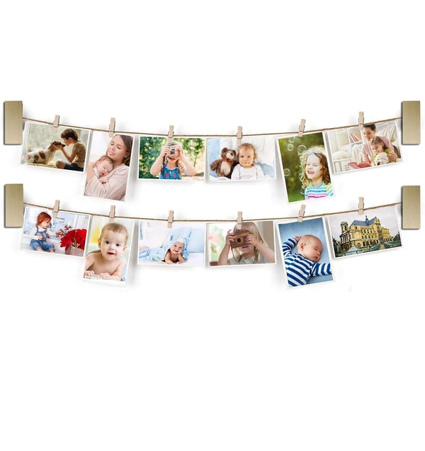 JAZLOG Collage Picture Frames Hanging Photo Display Rustic Wood Photo Frame Collage with 30 Clips Wall Art Decoration for Office Nursery Room Dorm Bedroom Carbonized - M, (Pair of 02), 249 Gram