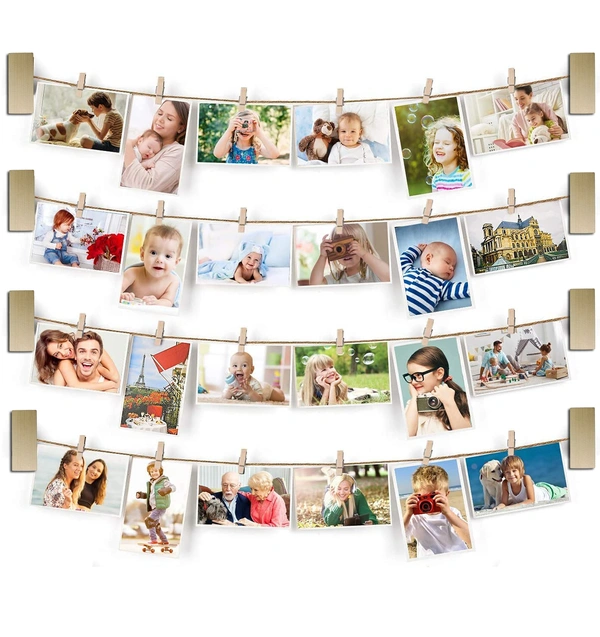 JAZLOG Collage Picture Frames Hanging Photo Display Rustic Wood Photo Frame Collage with 30 Clips Wall Art Decoration for Office Nursery Room Dorm Bedroom Carbonized - M, (Pair of 04), 249 Gram