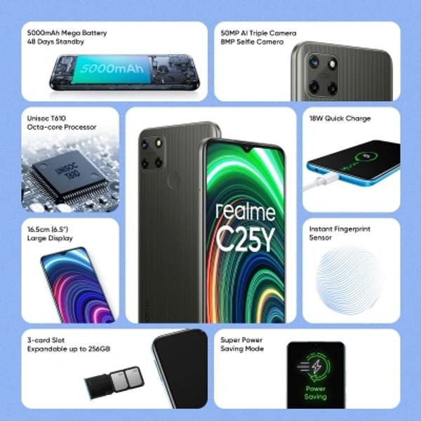 Realam C25 Y realme C25Y (Metal Grey, 64 GB)4 GB RAM | 64 GB ROM | Expandable Upto 256 GB16.51 cm (6.5 inch) HD+ Display50MP + 2MP + 2MP | 8MP Front Camera5000 mAh BatteryUnisoc T610 Octa Core Processor7 Days Replacement Policy, No questions asked. - Metal Grey