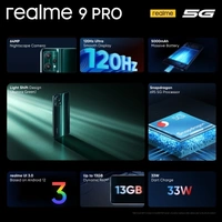 Realme 9 Pro 5G realme 9 Pro 5G (Aurora Green, 128 GB)Color: Aurora Green, Midnight BlackRAM: 6 GB, 8 GB8 GB RAM | 128 GB ROM | Expandable Upto 256 GB16.76 cm (6.6 inch) Full HD+ Display64MP + 8MP + 2MP | 16MP Front Camera5000 mAh Li-ion BatteryQualcomm Snapdragon 695 Processor7 Days Replacement Policy, No questions asked. - Aurora Green