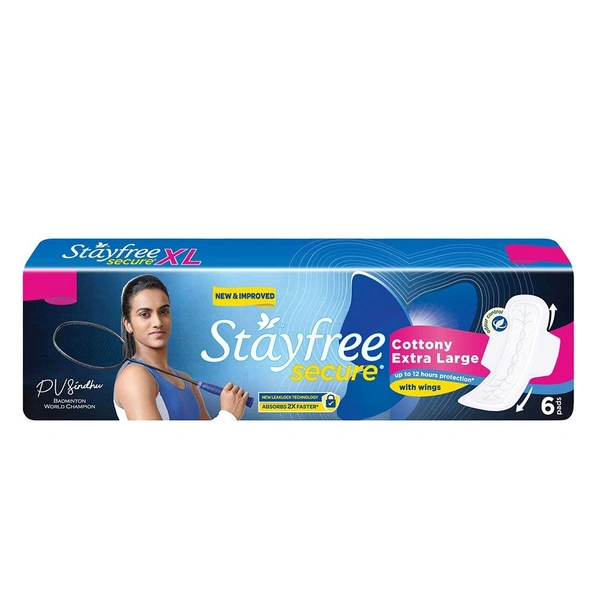 Stayfree Secure Cottony Soft Cover Sanitary Pads With Wings XL - 6 Pcs