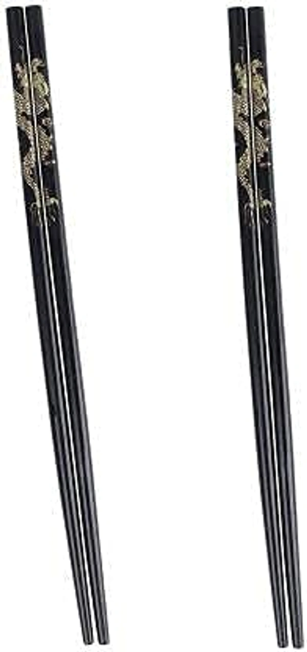 Wooden Designer Royal Black Round Bamboo Chopsticks  | Non-Slip Reusable Chopsticks (2 Pairs)(Design May Vary), 24 cms