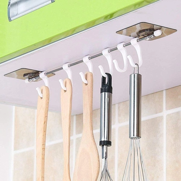 Self Adhesive Stainless Steel Rod with 6 Hooks Wall Mounted Utensils Hanging Rack Holder |Bathroom Towel Hanger| Kitchen Hanger Hooks |Stainless Steel Hanger , Pack of 1