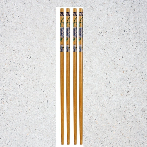 Wooden Designer Natural Round Bamboo Chopsticks | Non-Slip Reusable Chopsticks (2 Pairs)(Colour and Design May Vary), 24 cms