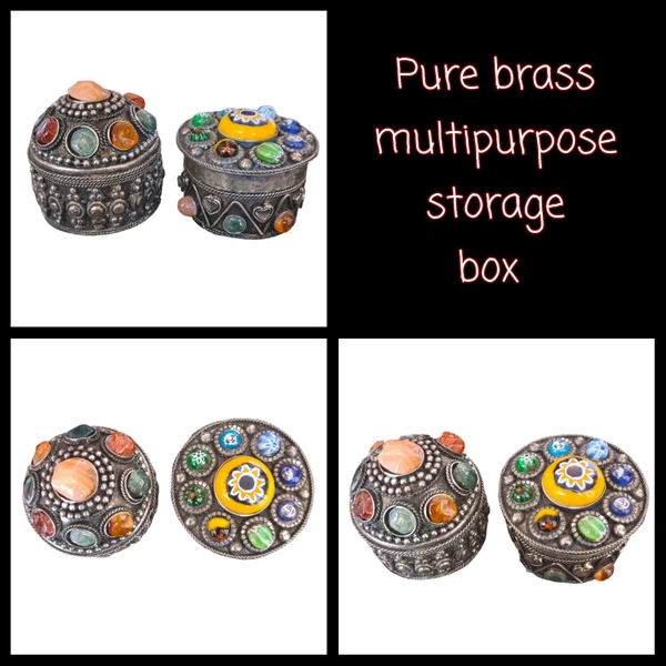 Set Of 2 Pure Brass Round Storage Box With Colorful Stones metallic coating - Diameter - 4 cms