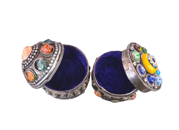 Set Of 2 Pure Brass Round Storage Box With Colorful Stones metallic coating - Diameter - 4 cms