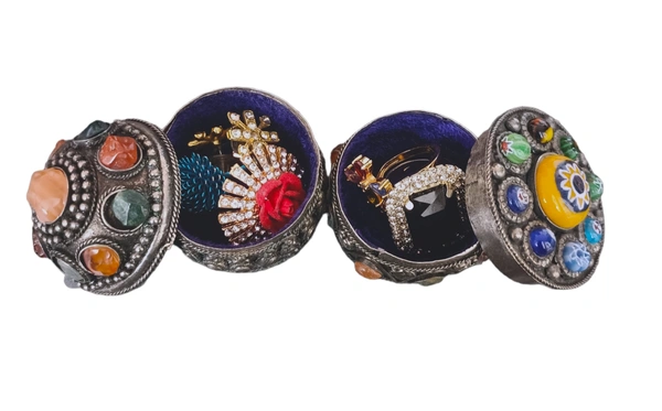 Set Of 2 Pure Brass Round Storage Box With Colorful Stones metallic coating - Diameter - 4 cms