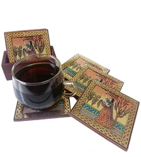 Brown Square Wooden Tea Coaster with Gemstone painting - 8.5 cms x 8.5 cms, brown