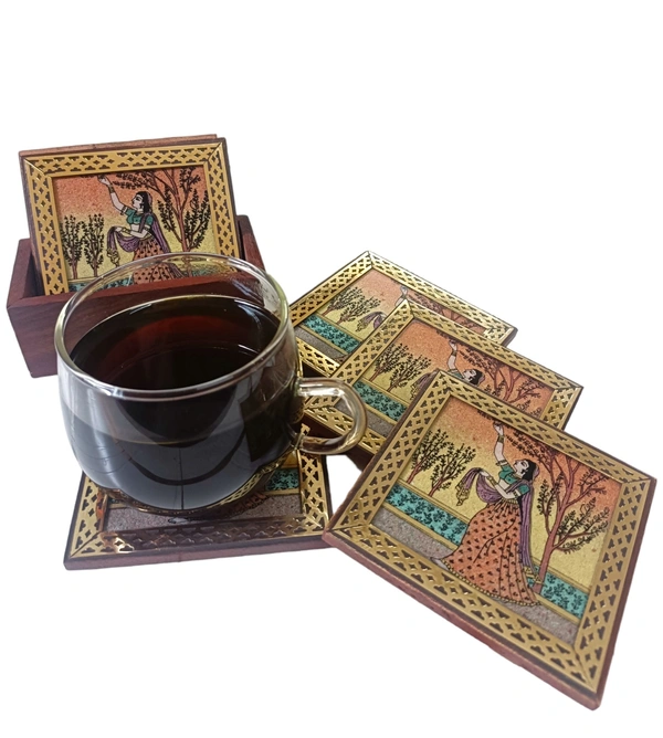 Brown Square Wooden Tea Coaster with Gemstone painting - 8.5 cms x 8.5 cms, brown