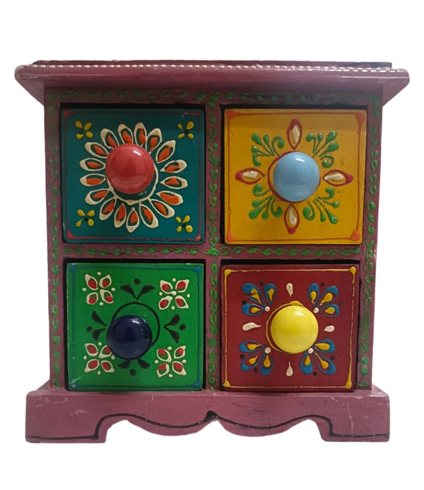 Handcrafted Wooden Painted 4 Drawer Box/Floral Pattern/Organizer/Chest of drawers/Rajasthani designs/Colorful