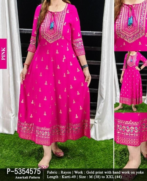 IAnarkali Kurti Gold print with Hand work for Women - 9886446, L