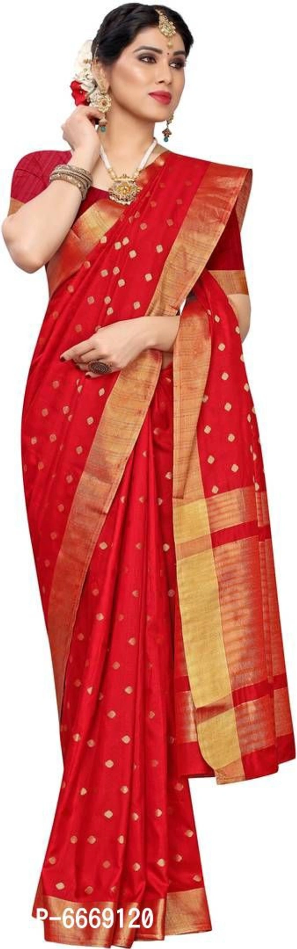 Stylish Cotton Silk Red Woven Design Saree With Blouse Piece For Women - P-6669120, 9886446