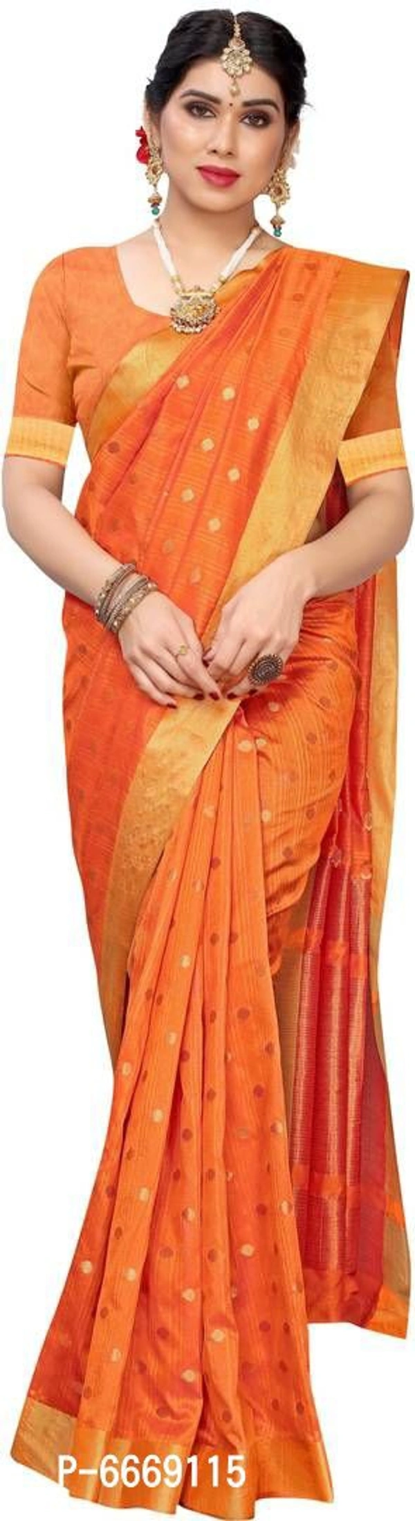 Stylish Cotton Silk Orange Woven Design Saree With Blouse Piece For Women - P-6669115, 9886446
