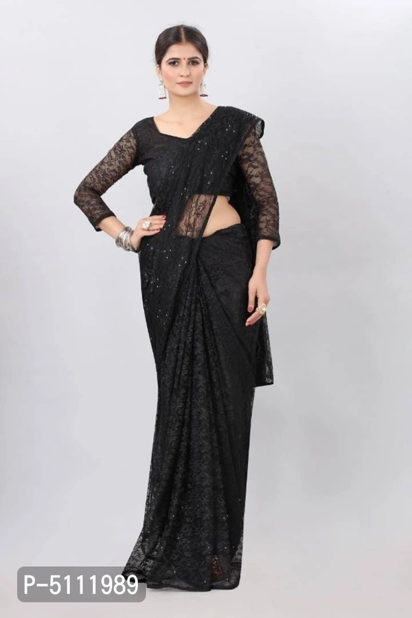 Adorable Women's Net Saree With Stone Work And Blouse Piece(Black) - P-5111989, 9886446, Black