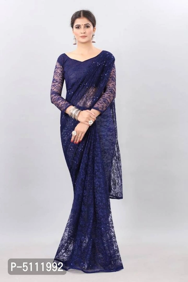 Adorable Women's Net Saree With Stone Work And Blouse Piece(Blue) - Blue, P-5111992, 9886446