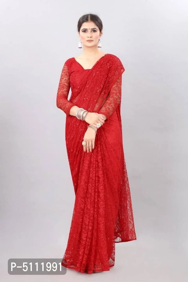 Adorable Women's Net Saree With Stone Work And Blouse Piece(Red) - Red, P-5111991, 9886446