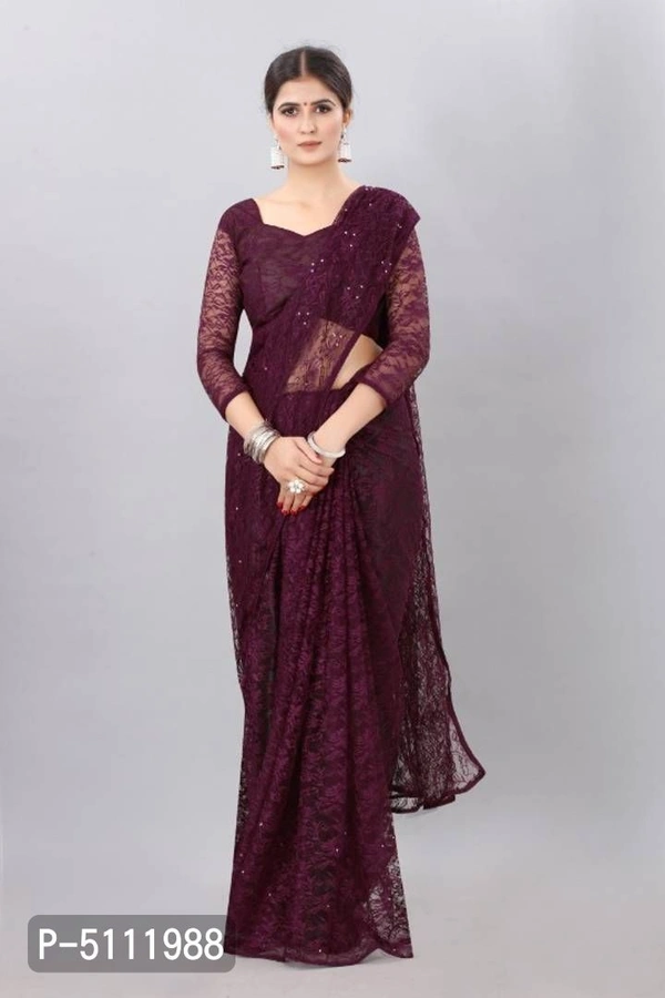 Adorable Women's Net Saree With Stone Work And Blouse Piece (Wine) - Wine, P-5111988, 9886446