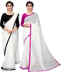 new white brasso fancy lace saree with blouse piece - P-6174054, 9886446