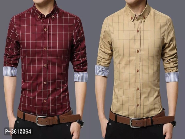 Men's Multicoloured Cotton Long Sleeves Checked Slim Fit Casual Shirt (Pack of 2) - P-3610064, 9886446, M