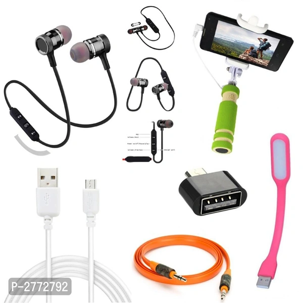 Combo Of Magnetic In-Air Bluetooth Headset With OTG, Aux Cable, USB Light, Data Cable Selfie Stick - P-2772792, 9886446