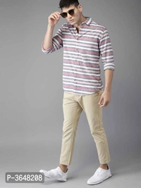Men's Beige Cotton Spandex Solid Mid-Rise Casual Regular Trouser - P-3648208, 9886446, 28