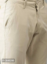 Men's Beige Cotton Spandex Solid Mid-Rise Casual Regular Trouser - P-3648208, 9886446, 32