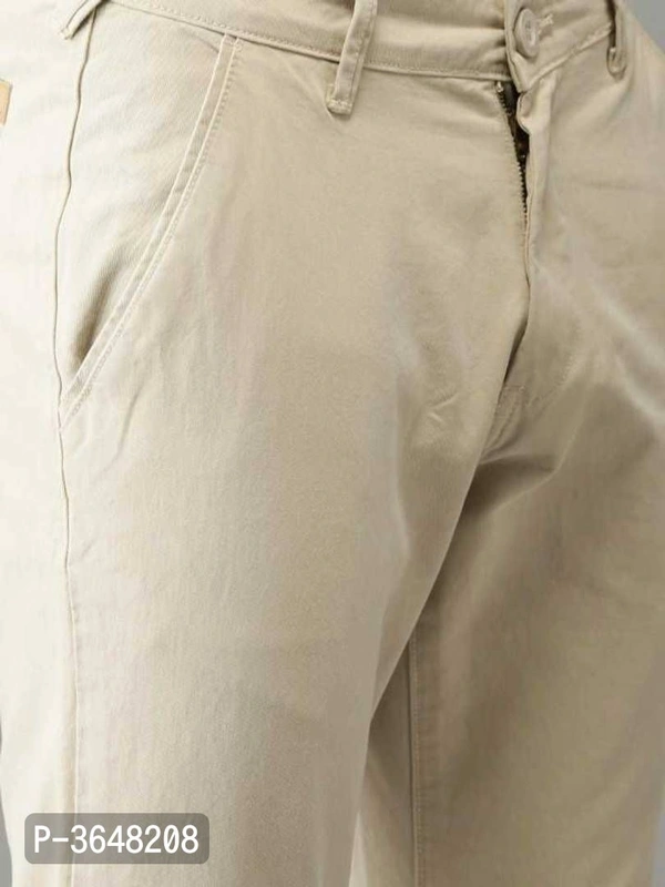 Men's Beige Cotton Spandex Solid Mid-Rise Casual Regular Trouser - P-3648208, 9886446, 32
