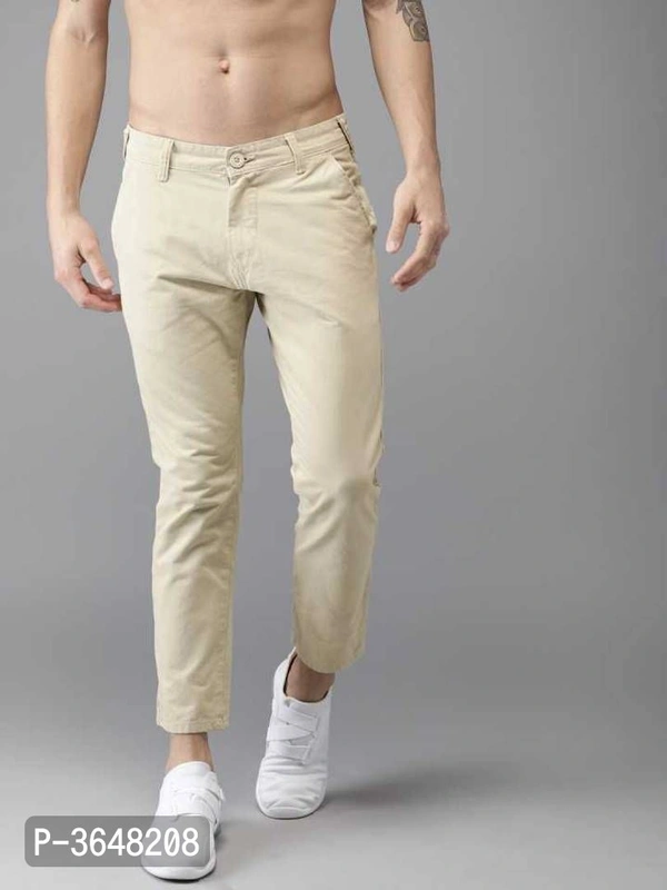 Men's Beige Cotton Spandex Solid Mid-Rise Casual Regular Trouser - P-3648208, 9886446, 34