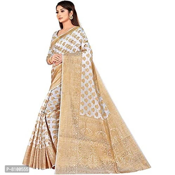 Leeza Store Women's Banarasi Kanjivaram Pearl White Silk Saree Along Zari Paisley Jacquard Woven All Over with Blouse Piece - 5.5 meters, P-8100555
