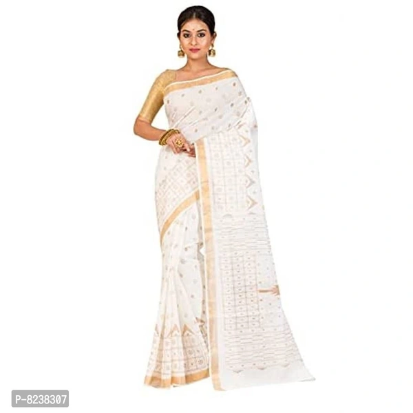 Raj Saree House Women's Traditional Pure Cotton Bengali Handloom Tant Saree - Print Work, Without Blouse Piece (Off- White) - P-8238307, 5.5 meters