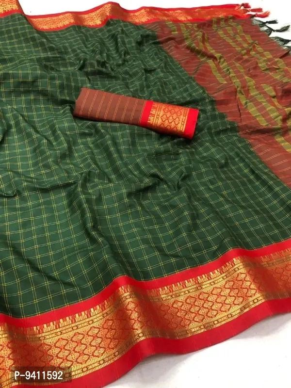 Chettinad checked zari border cotton silk saree with contrast blouse matching and tussles - P-9411592