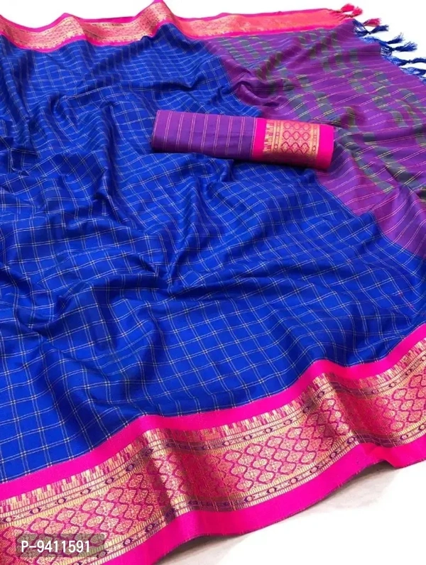 Chettinad checked zari border cotton silk saree with contrast blouse matching and tussles - P-9411591