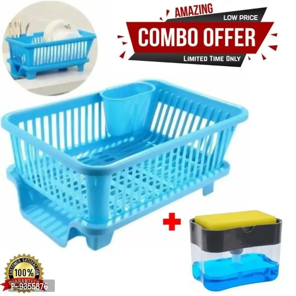 Chronicles Combo Offer Liquid Soap Press Pump/Dispenser with Sponge + Big Size Kitchen Dish Drainer Drying Rack, Washing Basket with Tray for Kitchen, Dish Rack Organizers - P-3955876