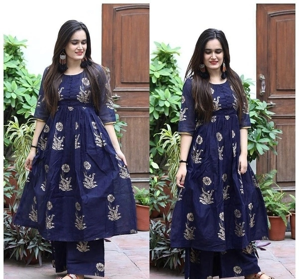 Elegant Cotton Printed Palazzo Set - M, blue 