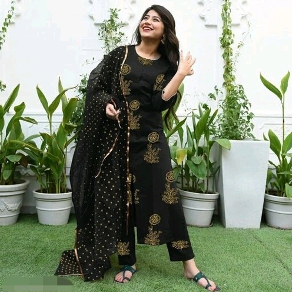 Jaipuri Gold Print Dupatta set (Black) - XL