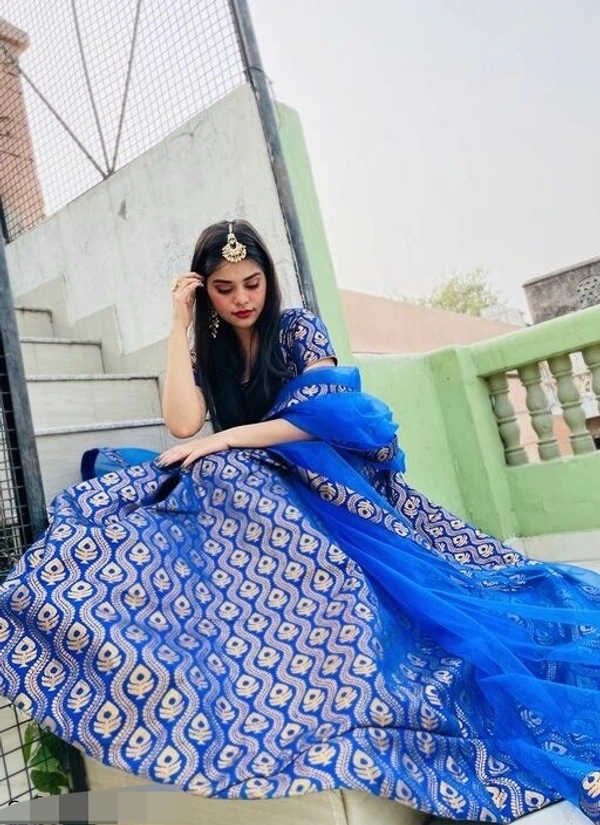 Blue-Gold Partywear Woven Zari Banarasi Jacquard Lehenga Choli