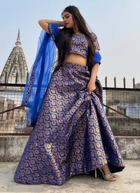 Blue-Gold Partywear Woven Zari Banarasi Jacquard Lehenga Choli