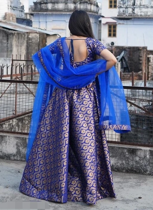 Blue-Gold Partywear Woven Zari Banarasi Jacquard Lehenga Choli