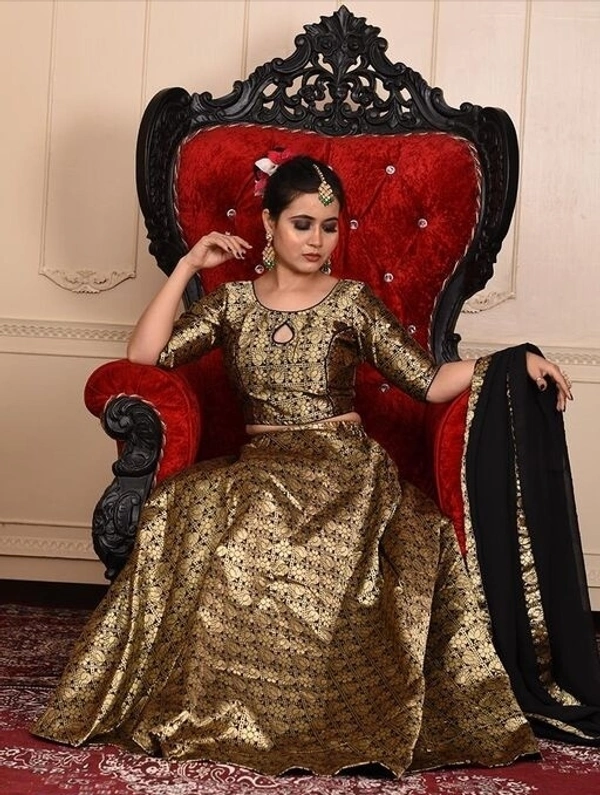 Black-Gold Partywear Woven Zari Banarasi Jacquard Lehenga Choli